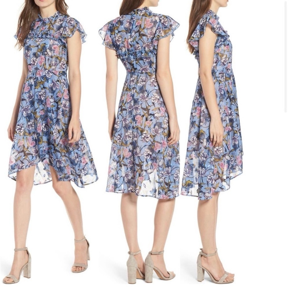 Chelsea 26 Blue Floral High Low Ruffle Dress Short Flowy Fairy Women’s S